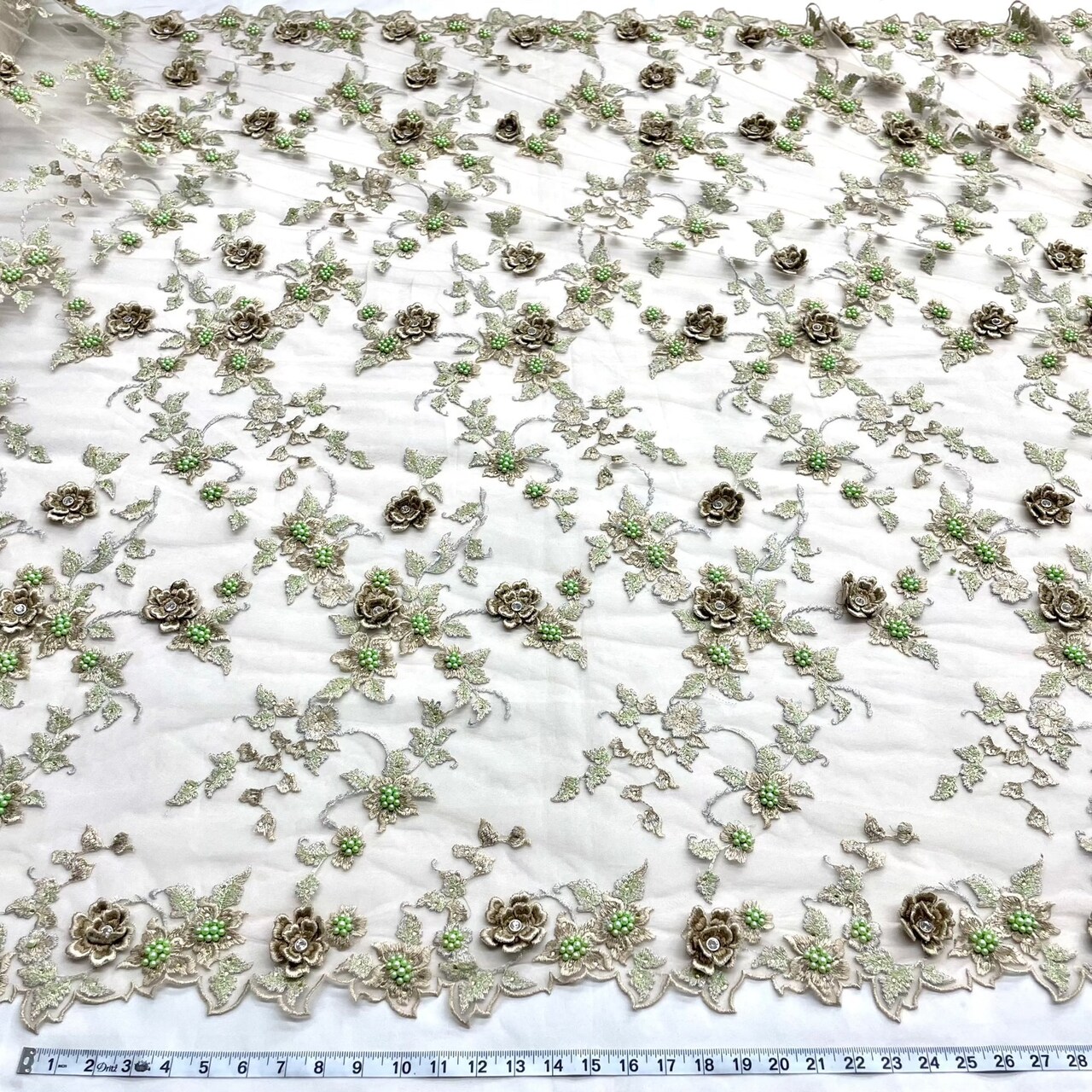 1 Yard Aqua Beaded 3D Floral Lace Fabric Embroidered on Polyester Net Mesh 54 inch Width